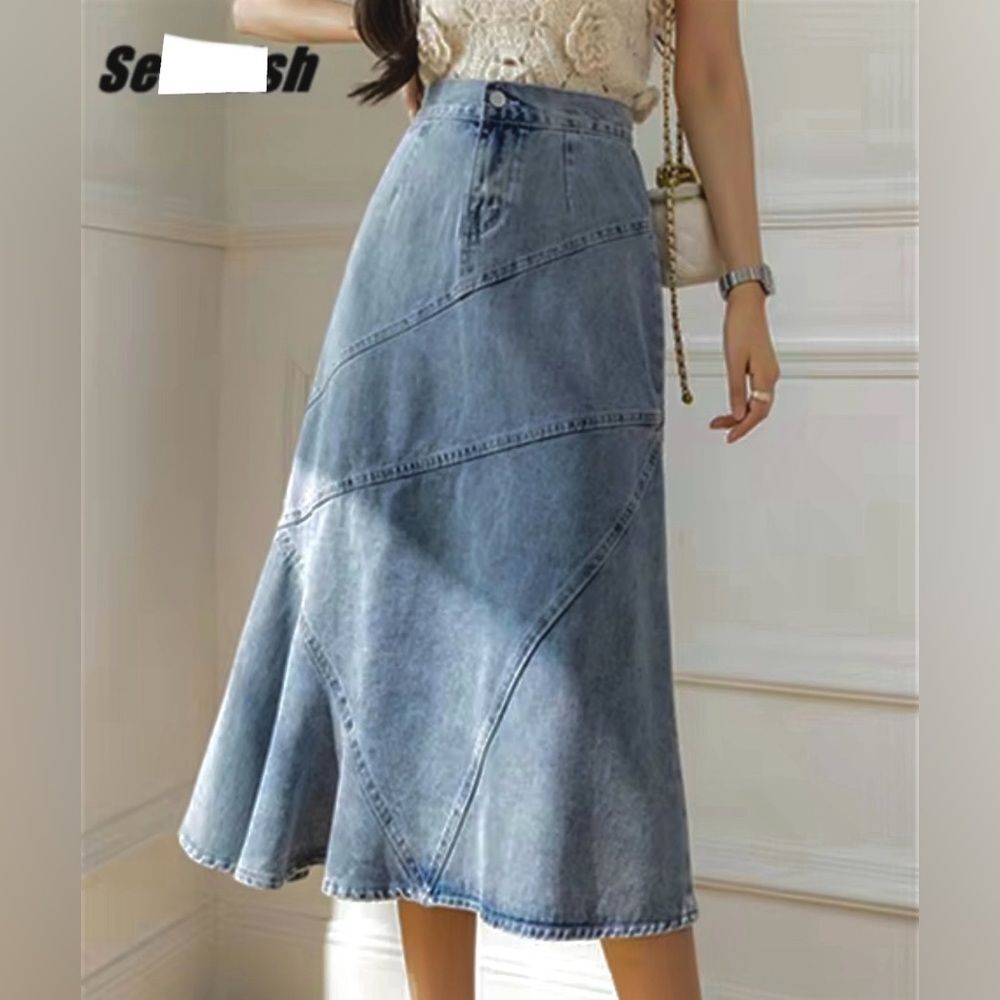 Vintage Denim Patchwork Long A-Line Midi Skirt - Picture 3 of 11